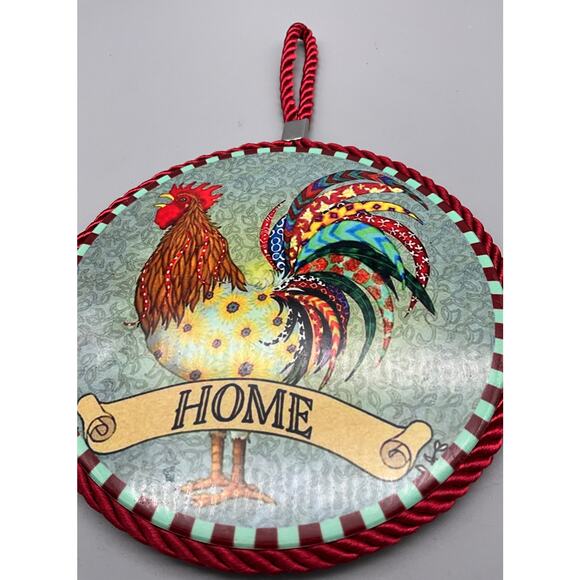 Hanging Wall Decor 5 1/2" Round Farmhouse Rooster Tile w/ cork back - Picture 2 of 5